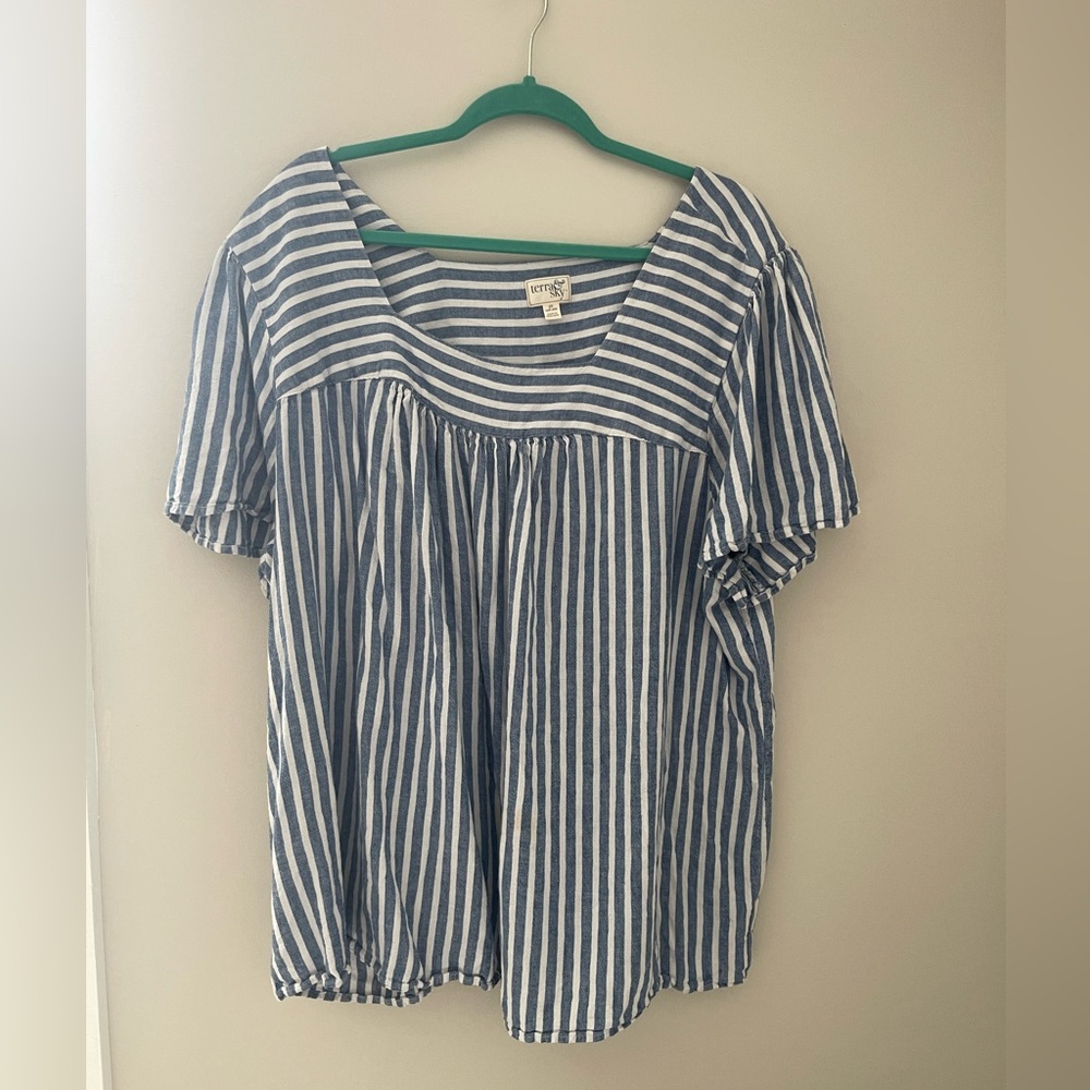 Terra & Sky Blue and White Boxy Short Sleeve Blouse